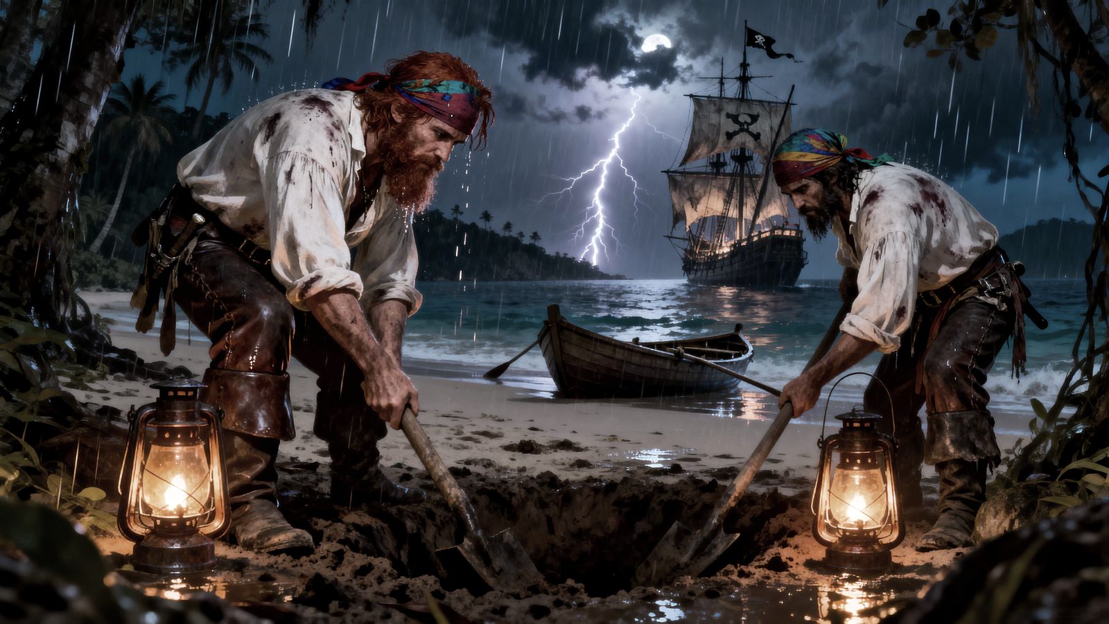 Pirates Digging on Rainy Moonless Night