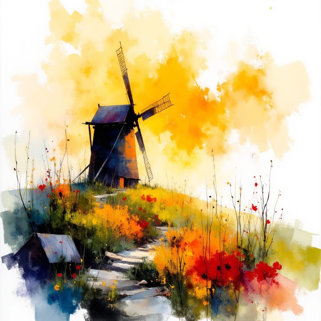 Spring Sunrise Windmill in Charcoal and Watercolour Style