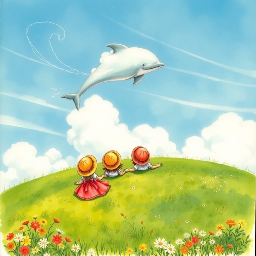 Children Delight in Whimsical Dolphin Clouds on a Sunny Hill...