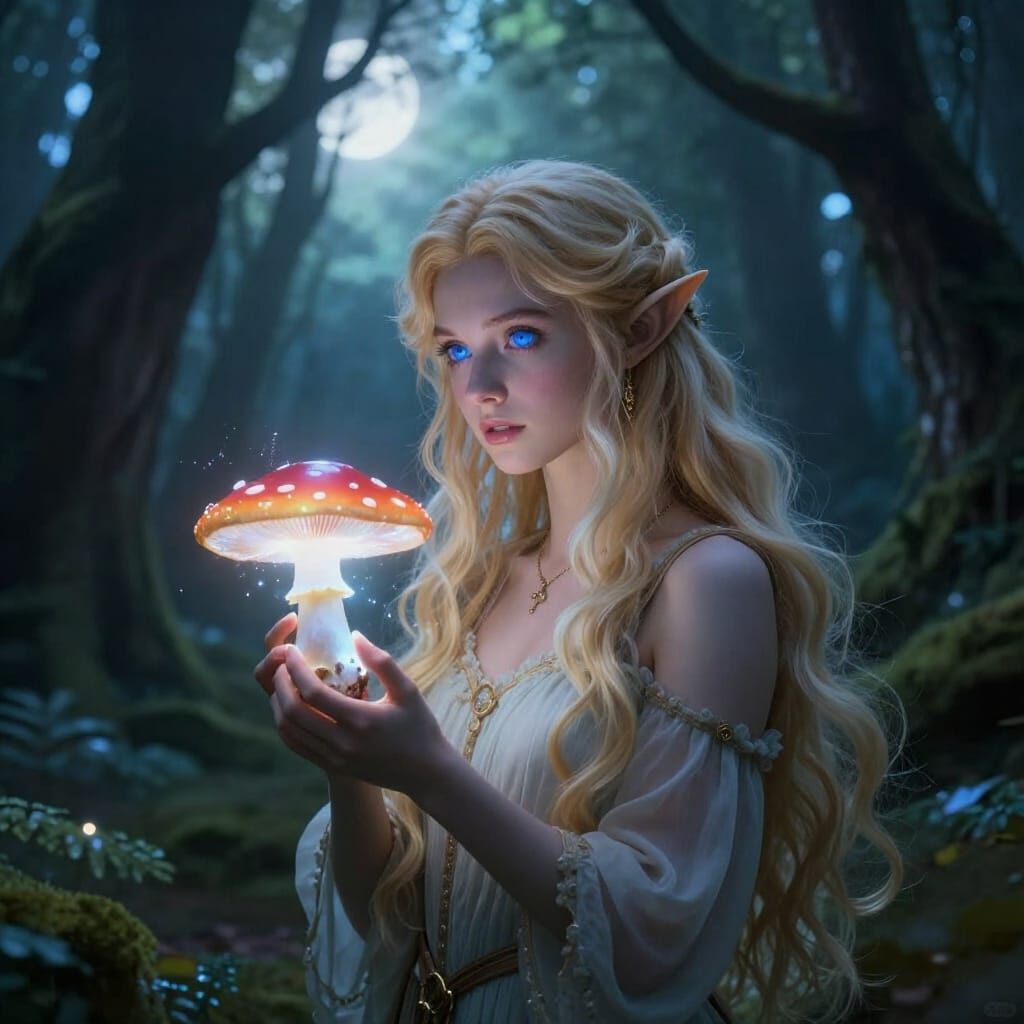 Elf Maiden With Glowing Mushroom in Mystical Forest