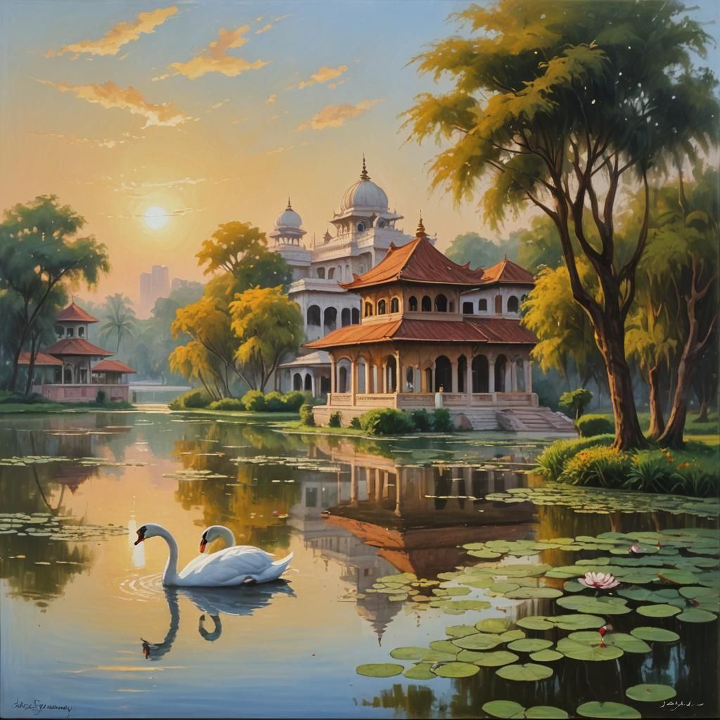 Bhavya Bhavan by Lotus Lake: Oil Painting