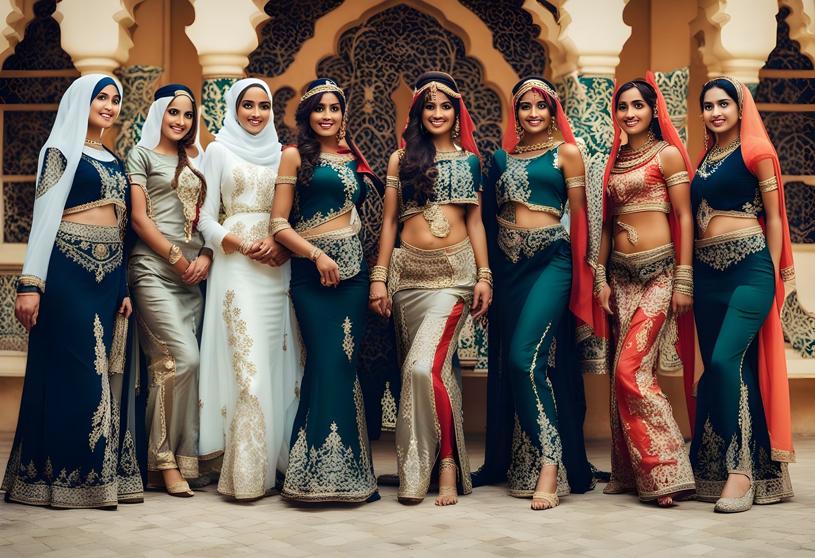 A group of Arabian women in traditional dress standing and posing as a group