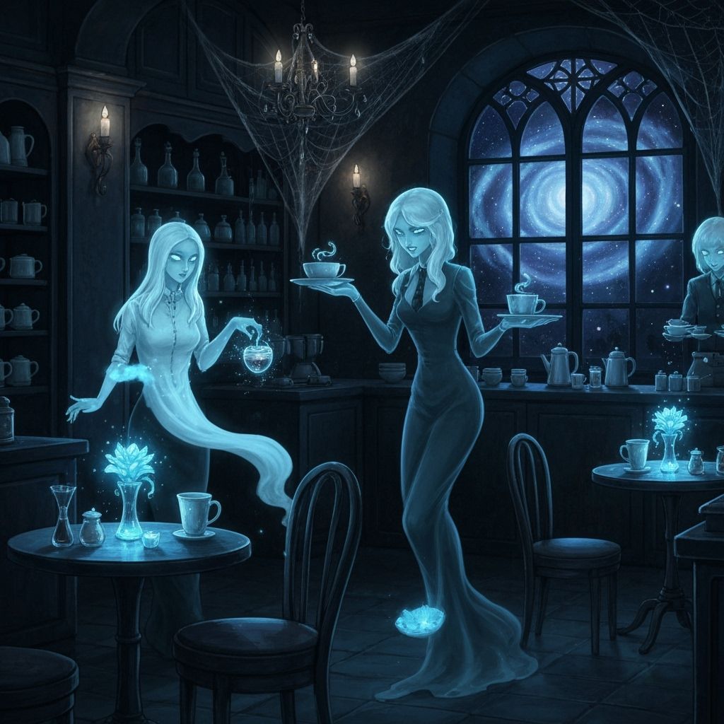 Gothic Coffeehouse With Ghostly Baristas And Nebula Views