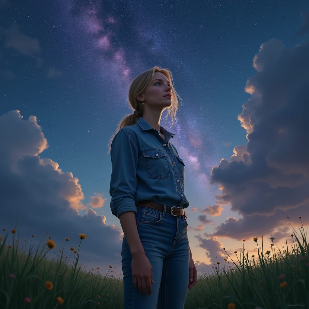 Ethereal Country Woman in a Starry Meadow