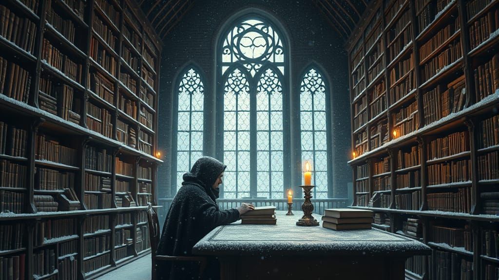 Scholar in Cavernous Library by Candlelight