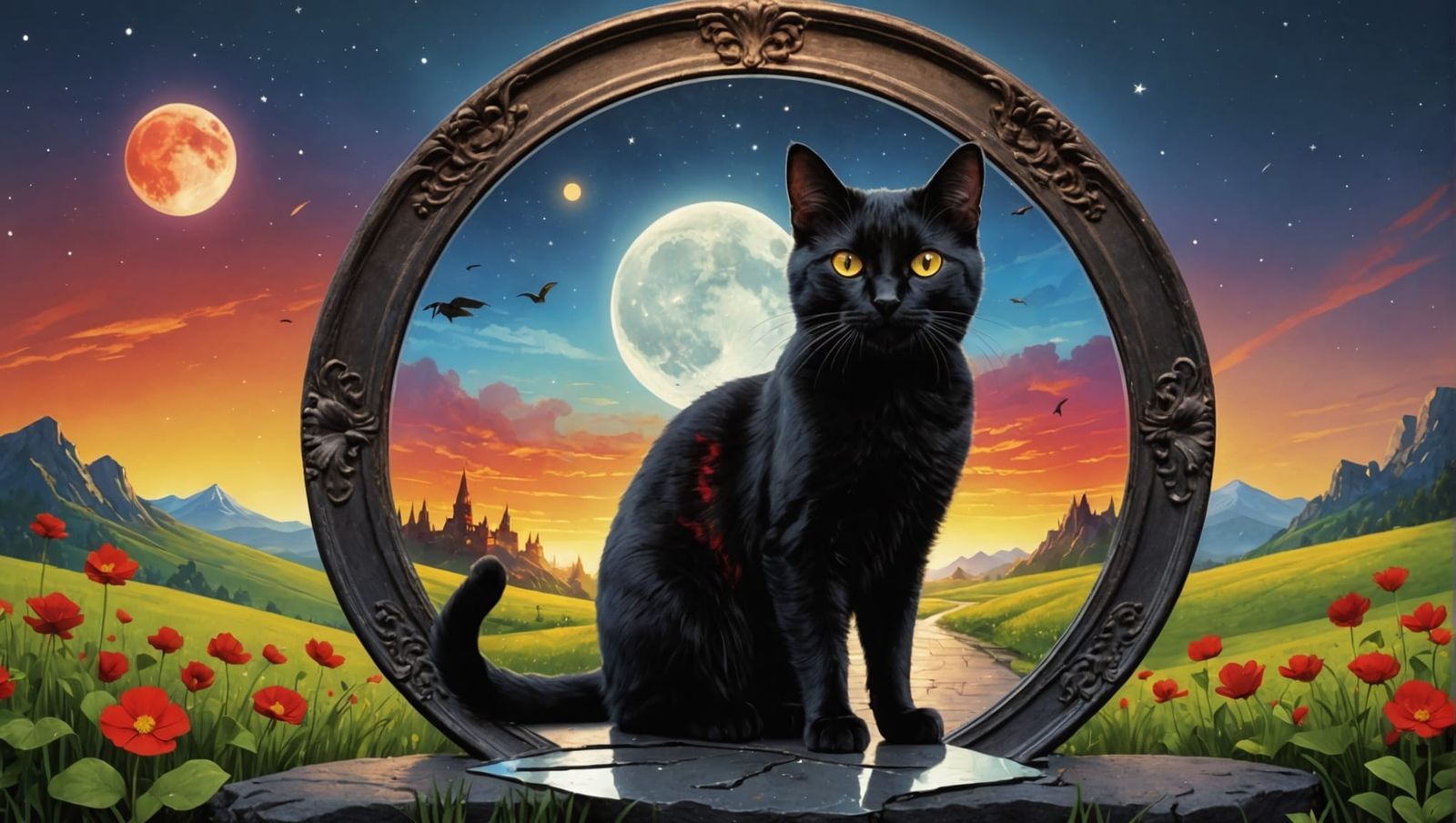 Black Cat, Full Moon, Clover and Rainbow
