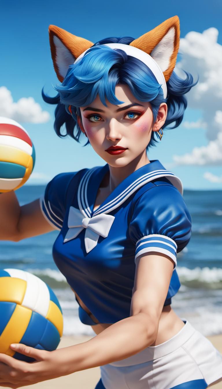 Sailor Mercury kitsune playing volleyball.