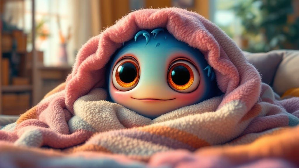 Surreal Whimsy: Giant Worm in Cozy Living Room