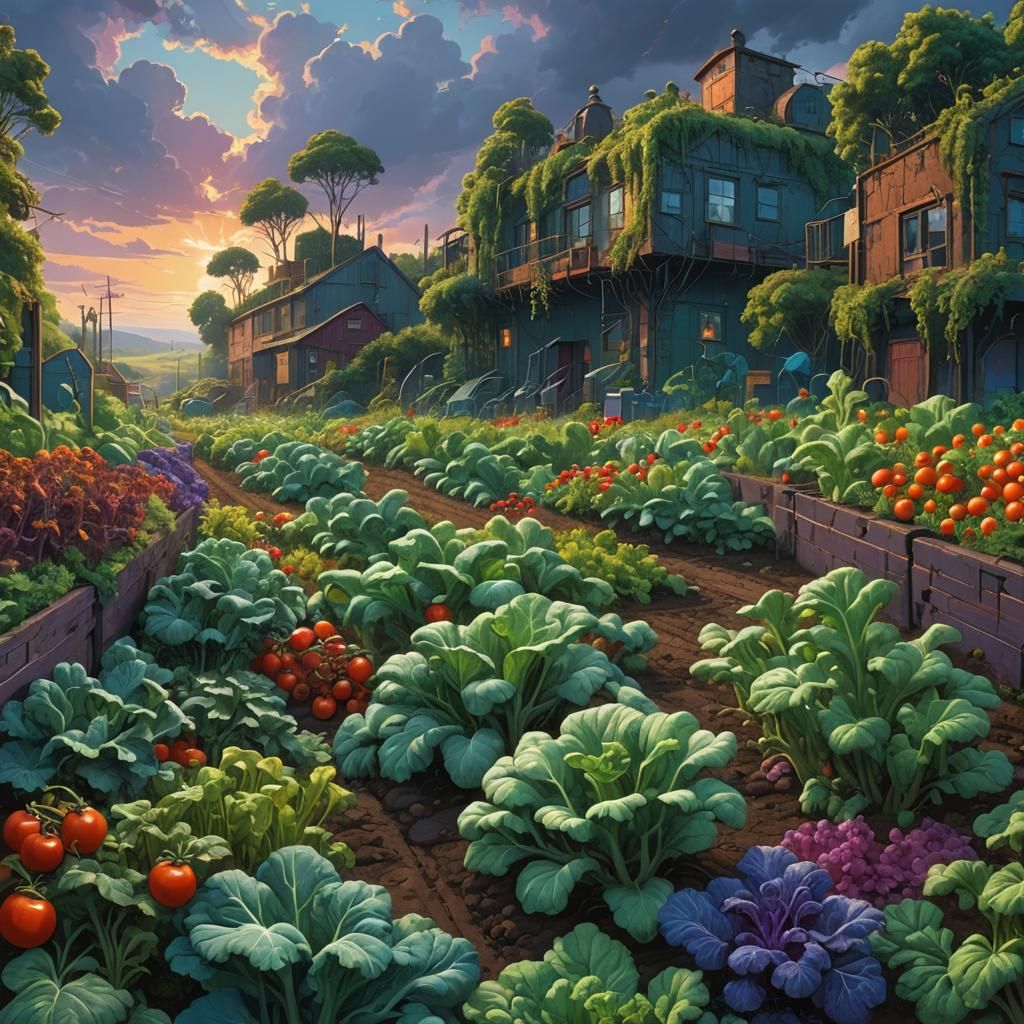 Lush Vegetable Garden with Dramatic Sky