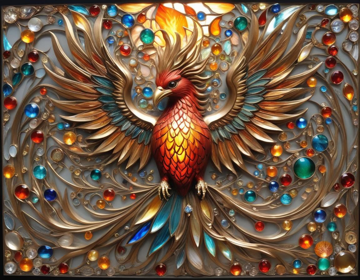 Fiery Phoenix Carved from Opalescent Materials