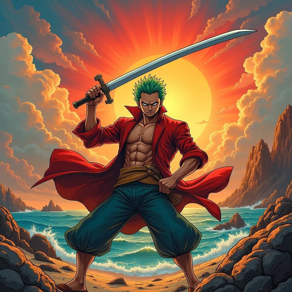Roronoa Zoro Poses Heroically in Vibrant Landscape