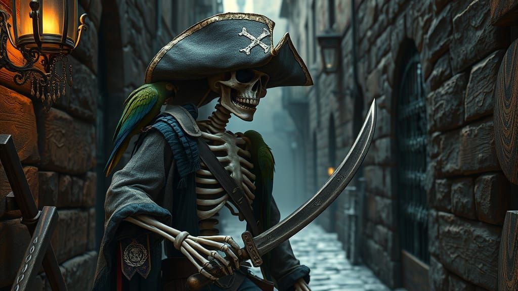 Pirate Skeleton Walks Medieval Alleyway in Dark Fantasy Styl...