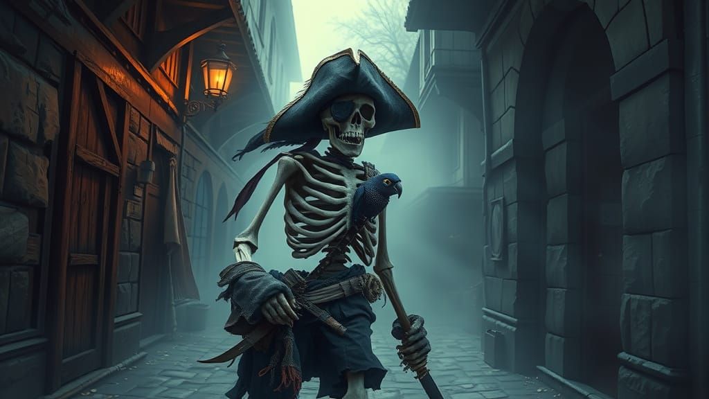 Pirate Skeleton in Misty Medieval Alley with Skeleton Parrot