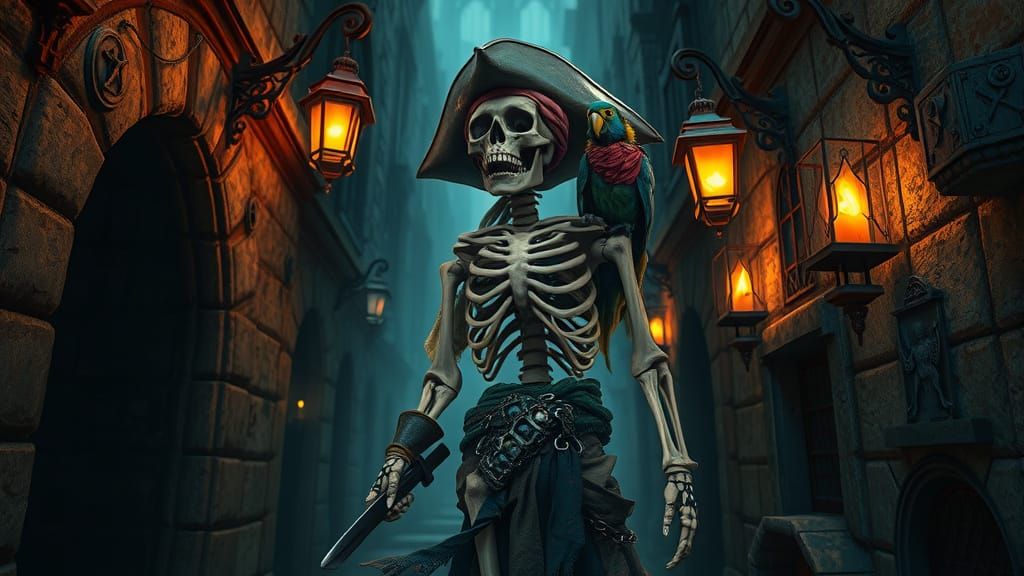 Pirate Skeleton with Parrot in Medieval Alley