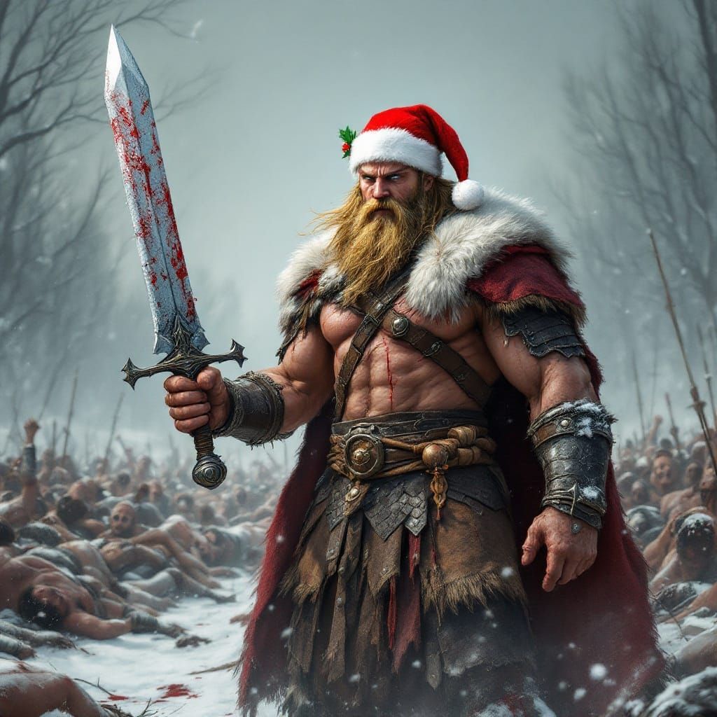 Viking Warrior in Snowy Field with Blood-Stained Sword and R...