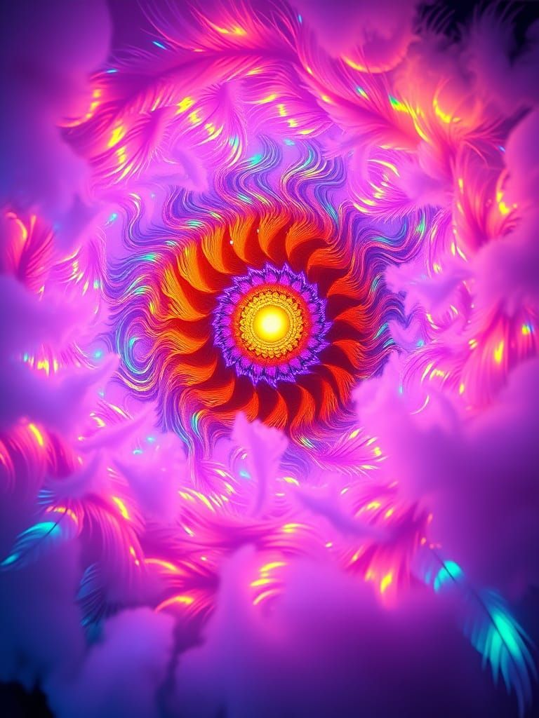 Iridescent Feathers Swirling Around Glowing Core