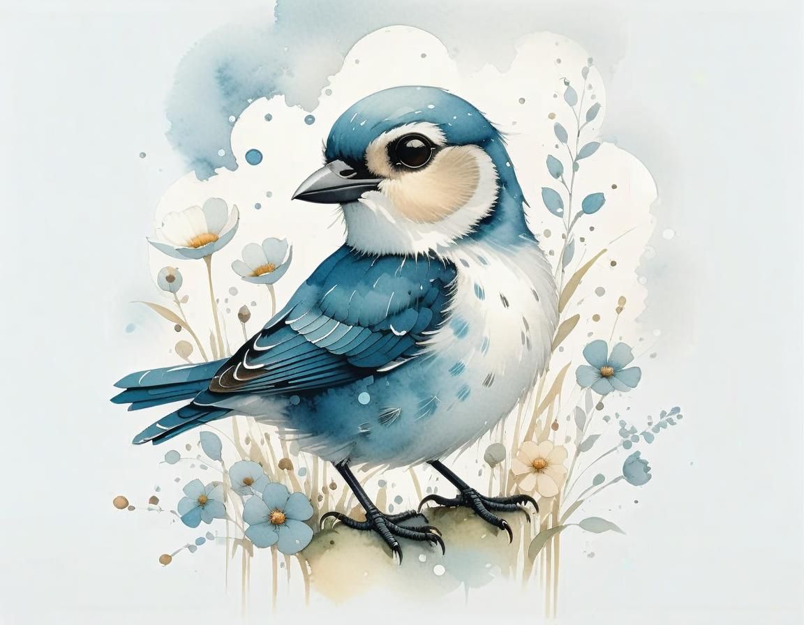 Adorable Bird with Large Eyes, Illustrative Style