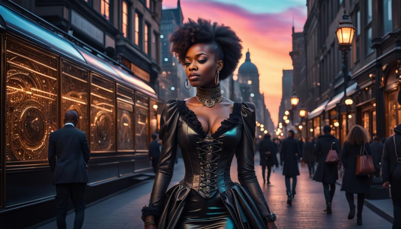 Elegant Woman in Gothic Steampunk Cityscape