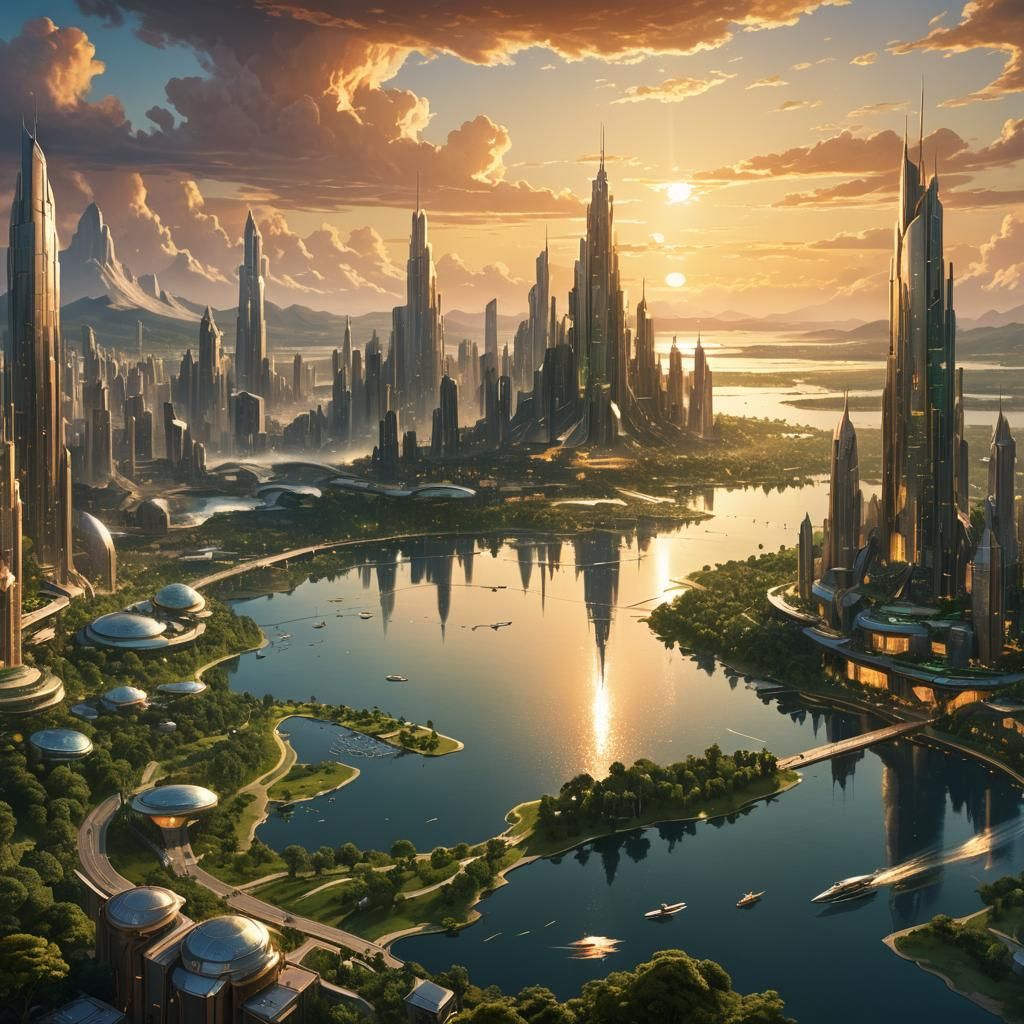 Utopian Metropolis at Sunset: Fantasy Concept Art