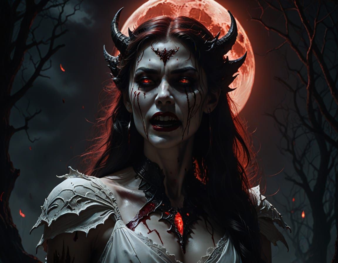 Seductive Blood Moon Demon in Dark Fantasy Concept Art