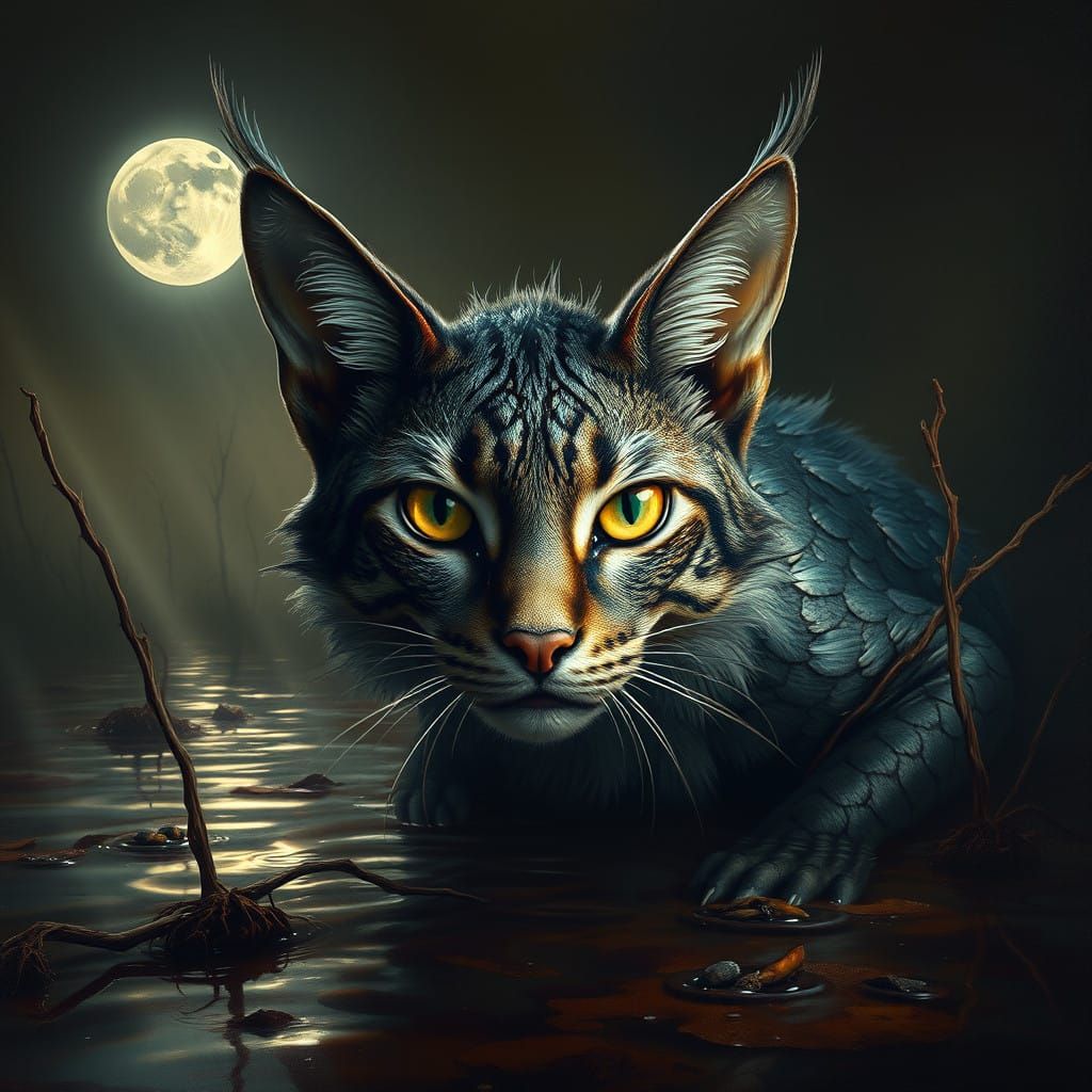 Ethereal Swamp Feline: A Hyperealistic Oil Painting