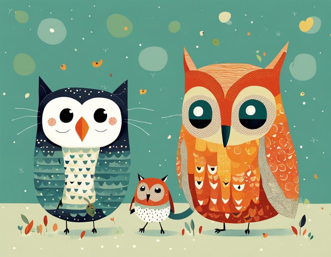 Owl and Mouse Friendship in Naive Folk Art Style