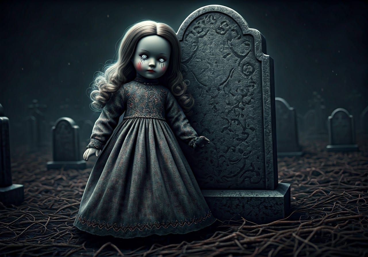 Creepy China Doll Leaning on Gravestone