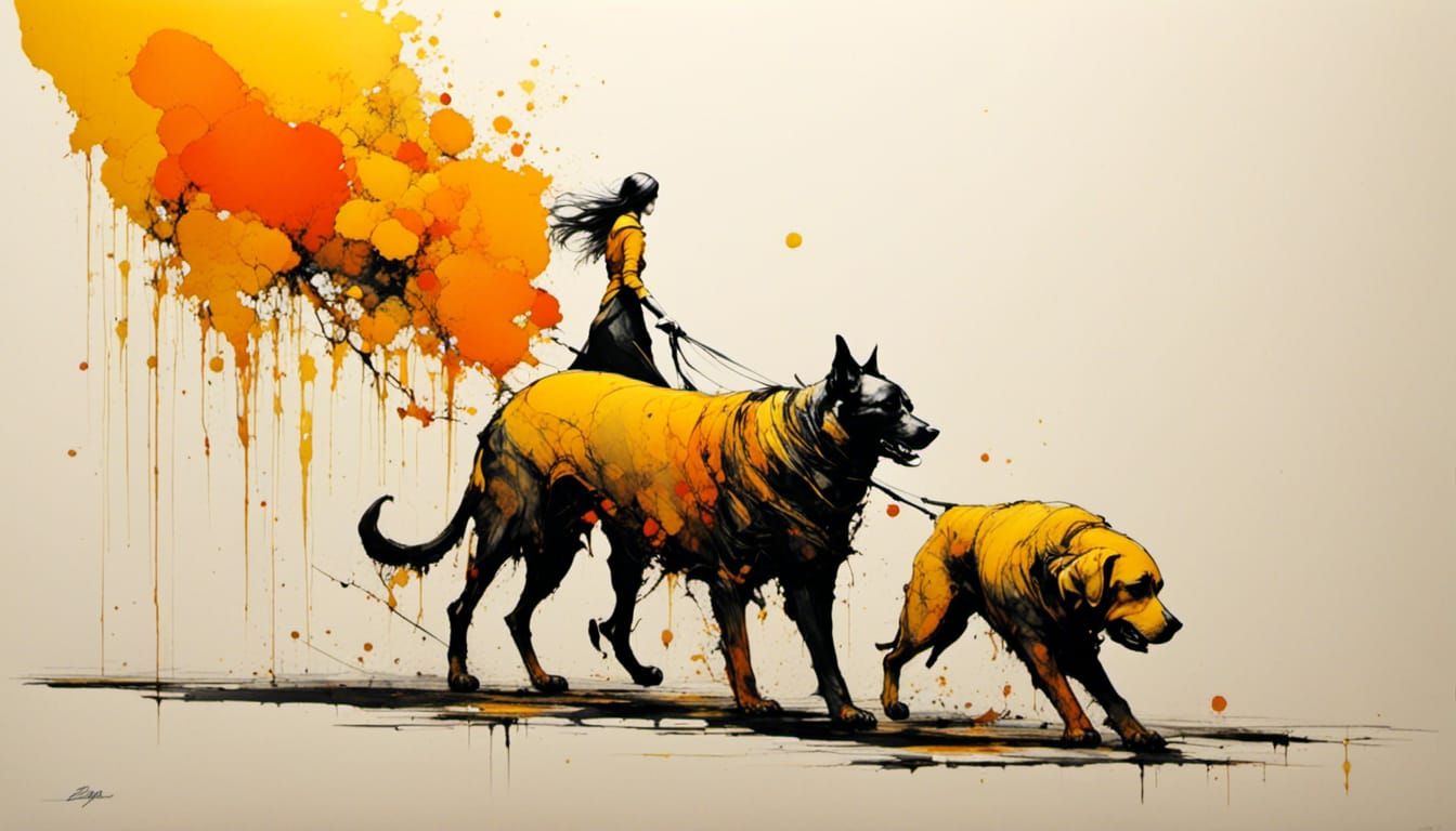 Surreal Ink Illustration: Woman and Gigantic Dog