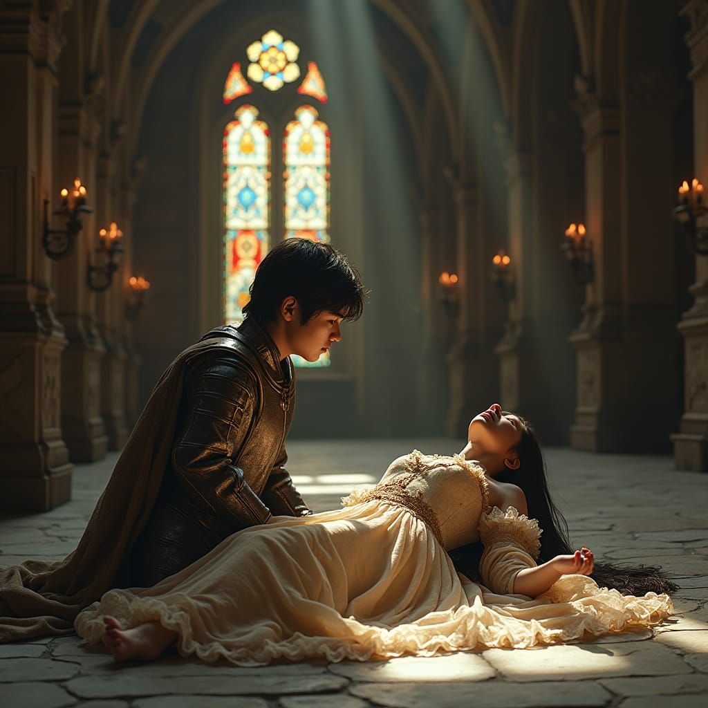 Distressed Knight Beside Unconscious Princess: Cinematic Sti...