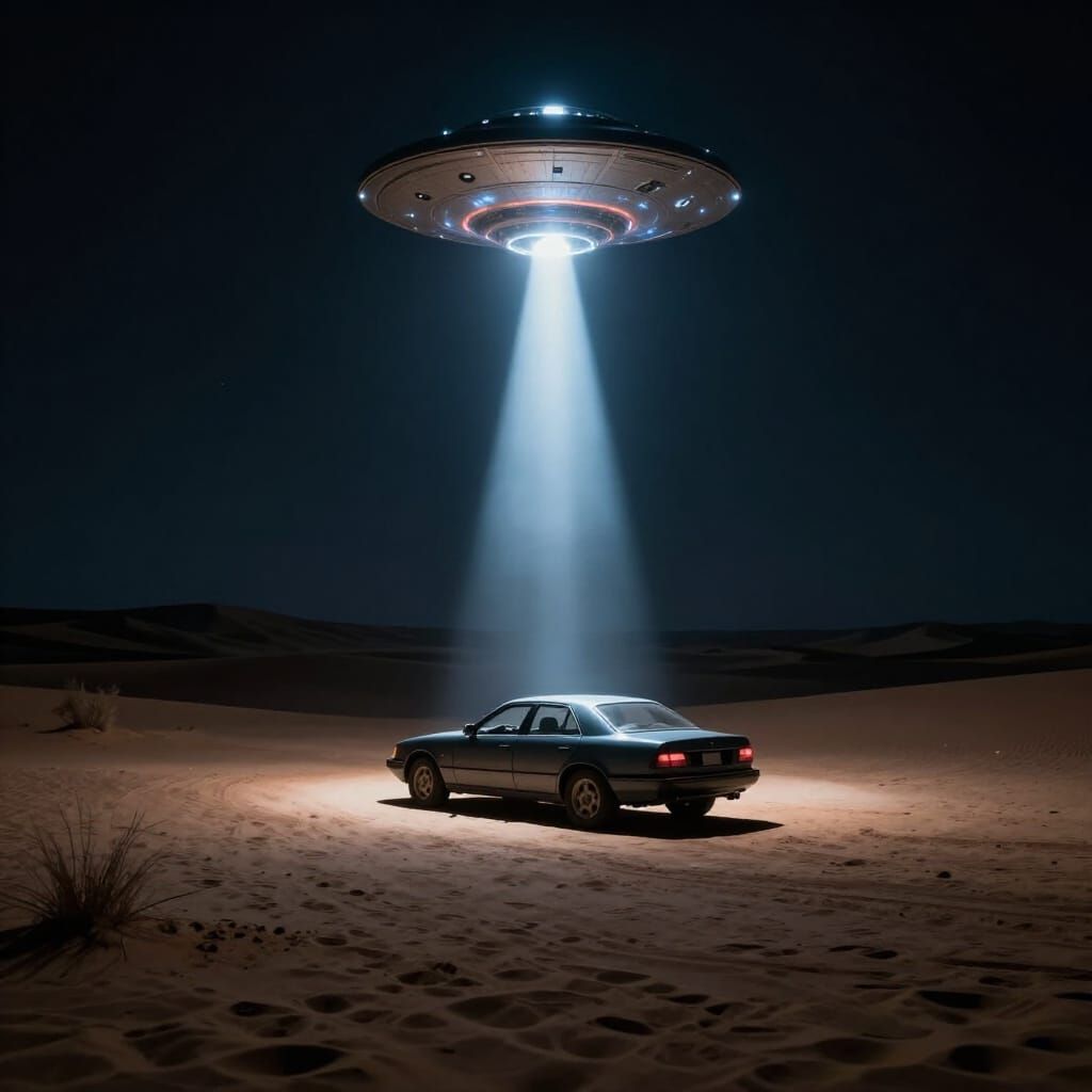 Alien UFO Beam Lights Desert Car Scene