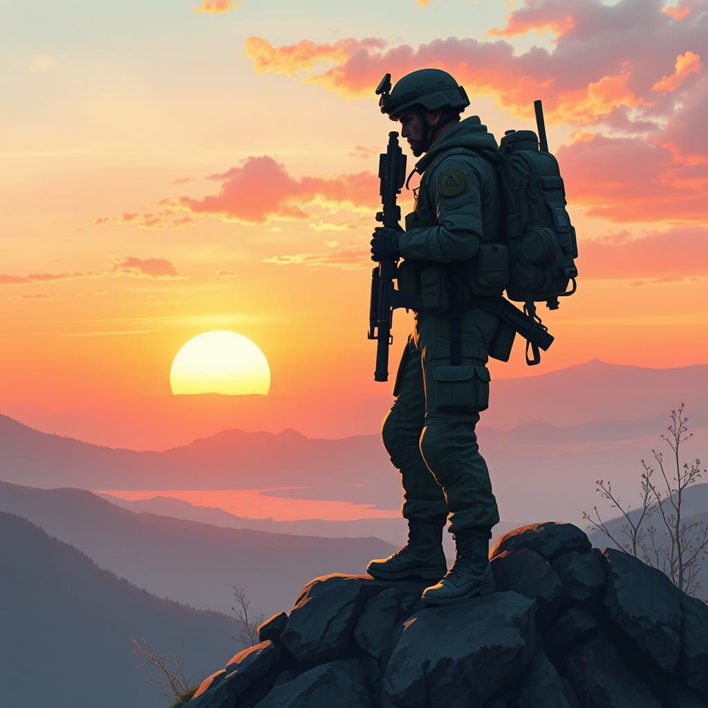 Soldier in Tactical Gear Watches Sunset Over Japanese Landsc...