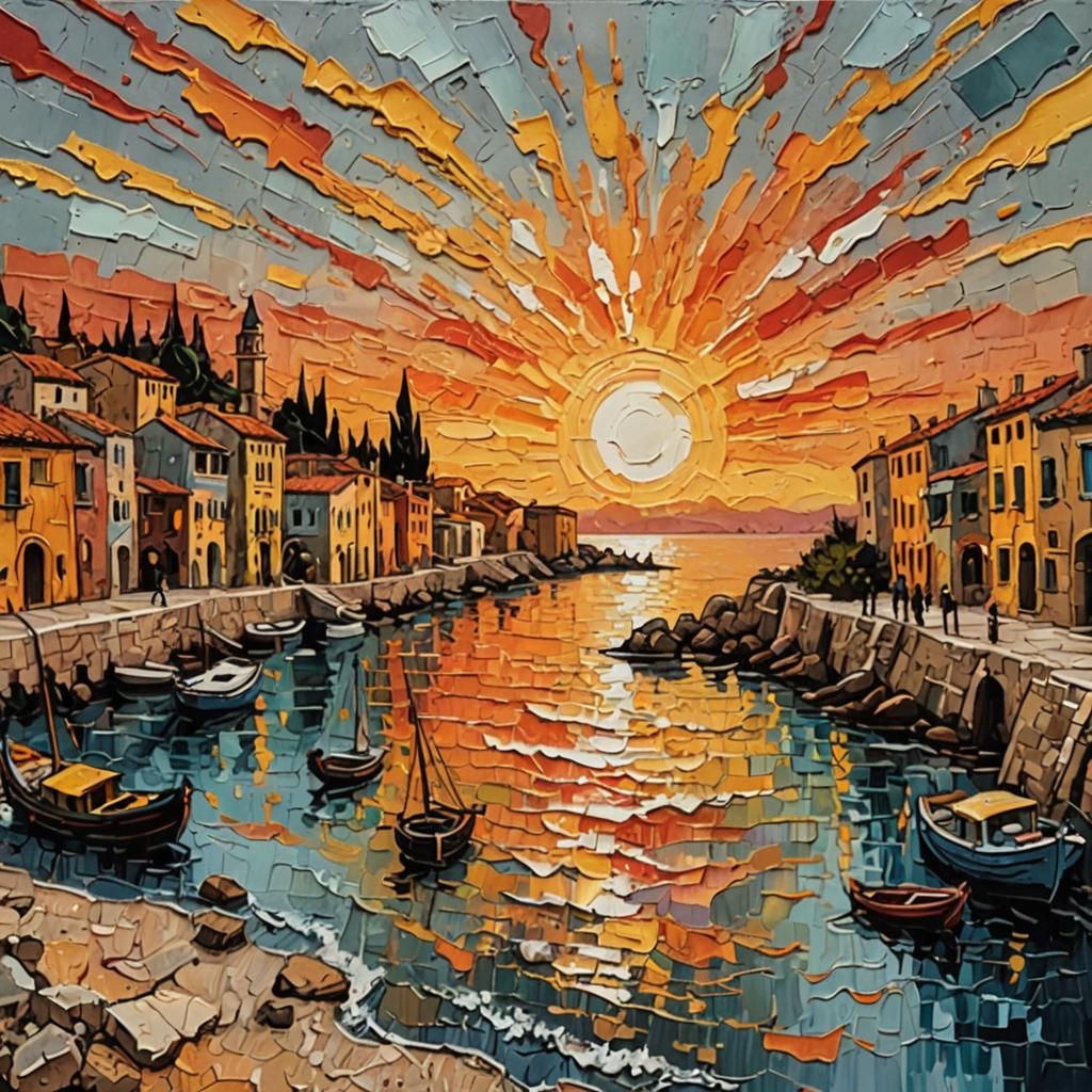 Abstract Sunset Harbour Painting in Van Gogh Style
