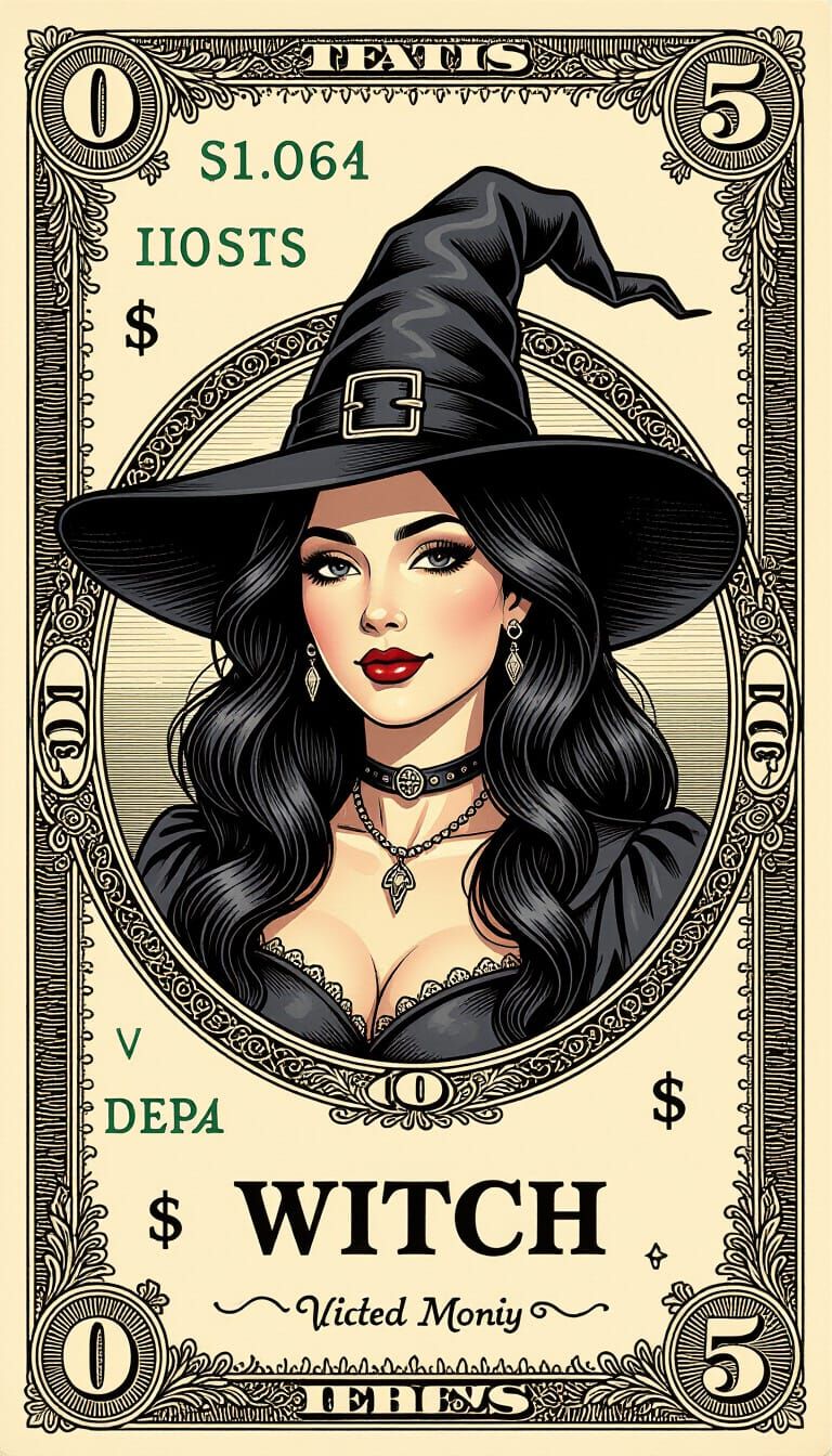 Witch Counting Gold Coins in Hyperrealistic Art