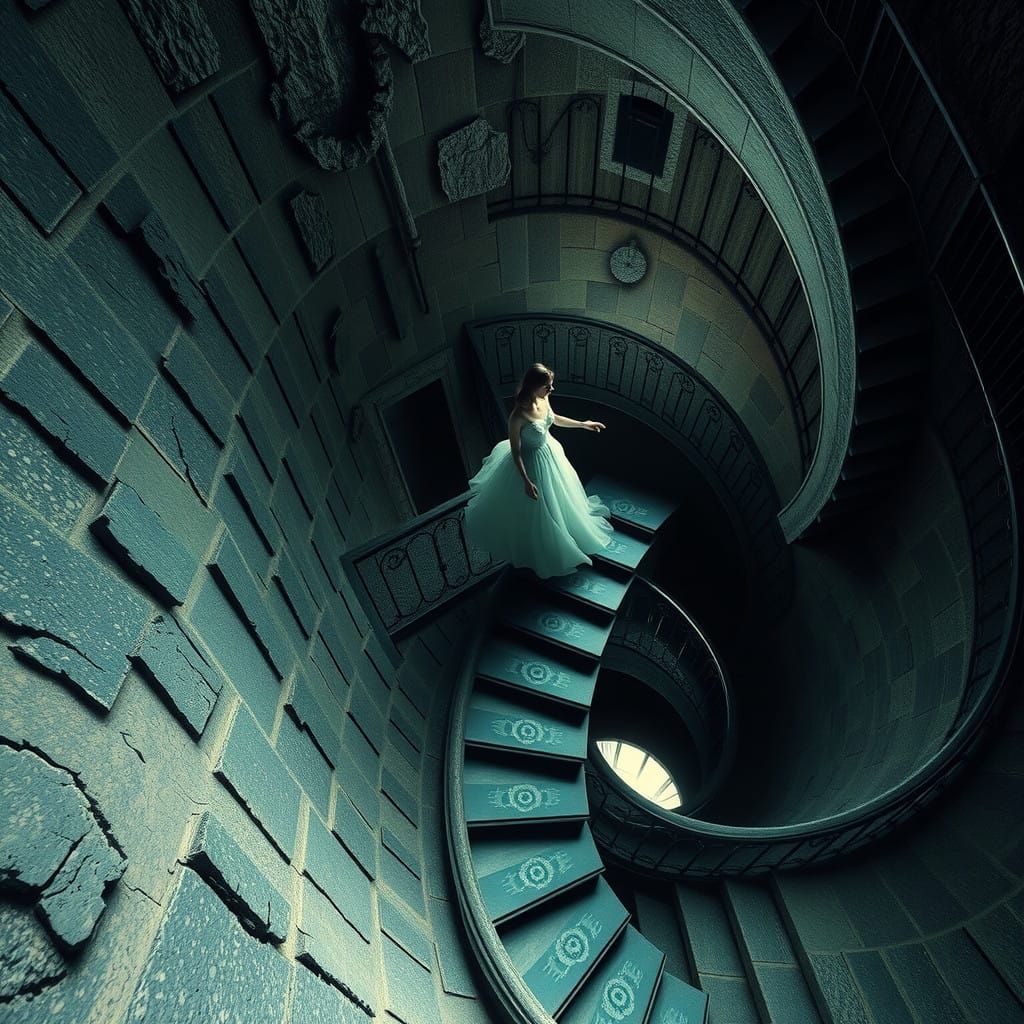 Surreal Digital Art of a Spiraling Bell Tower Staircase with...