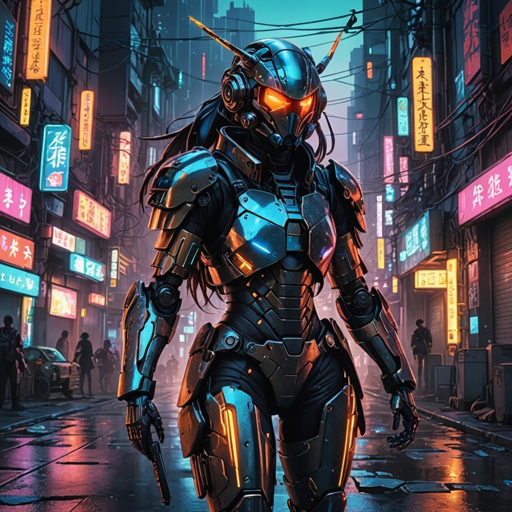 Cyberpunk Girl in Beetle Armor Wields Glowing Staff