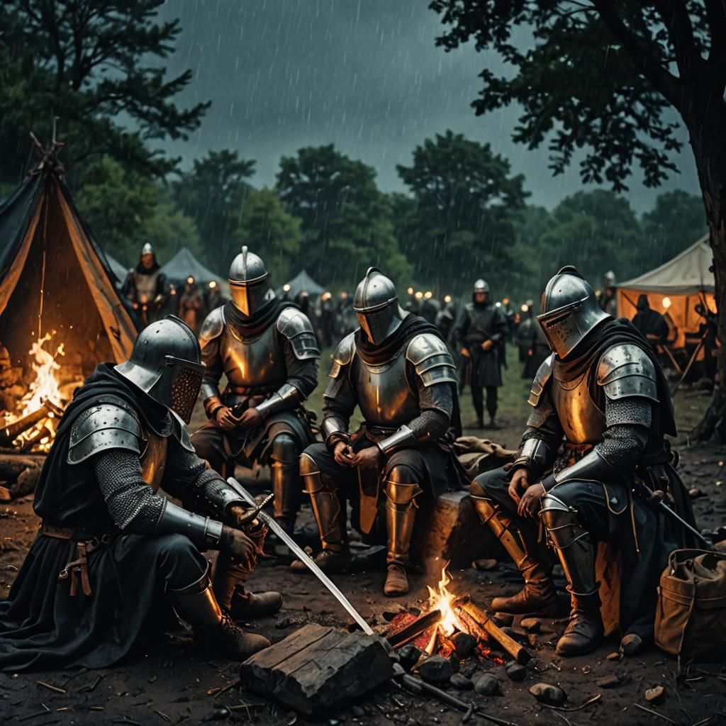 Medieval Knights Resting by Campfire at Night