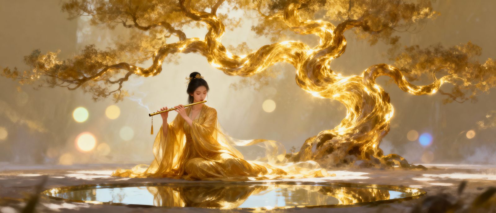 Ethereal Woman Plays Flute Under Golden Tree in Digital Pain...