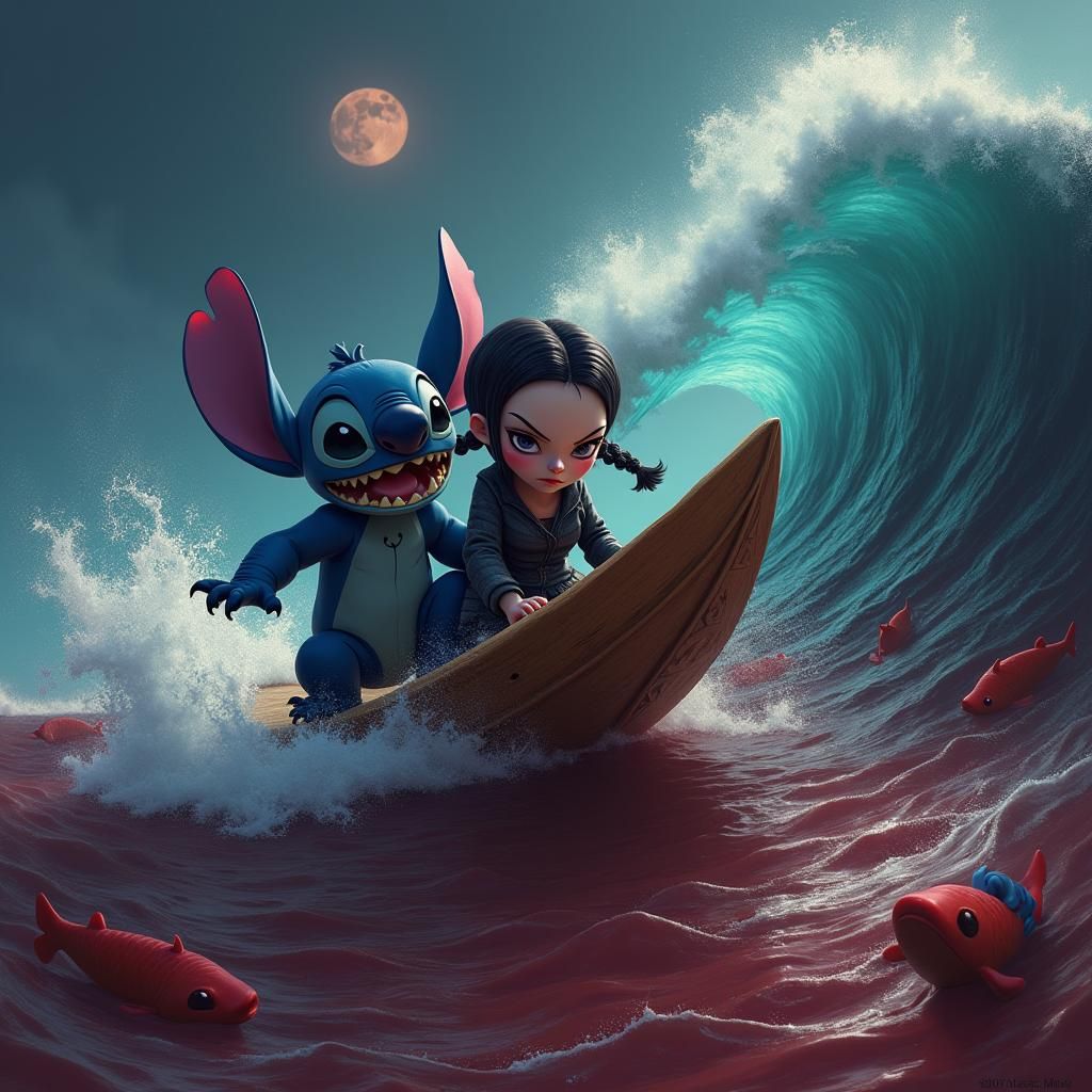 Stitch and Wednesday Addams Surfing a Blood Sea