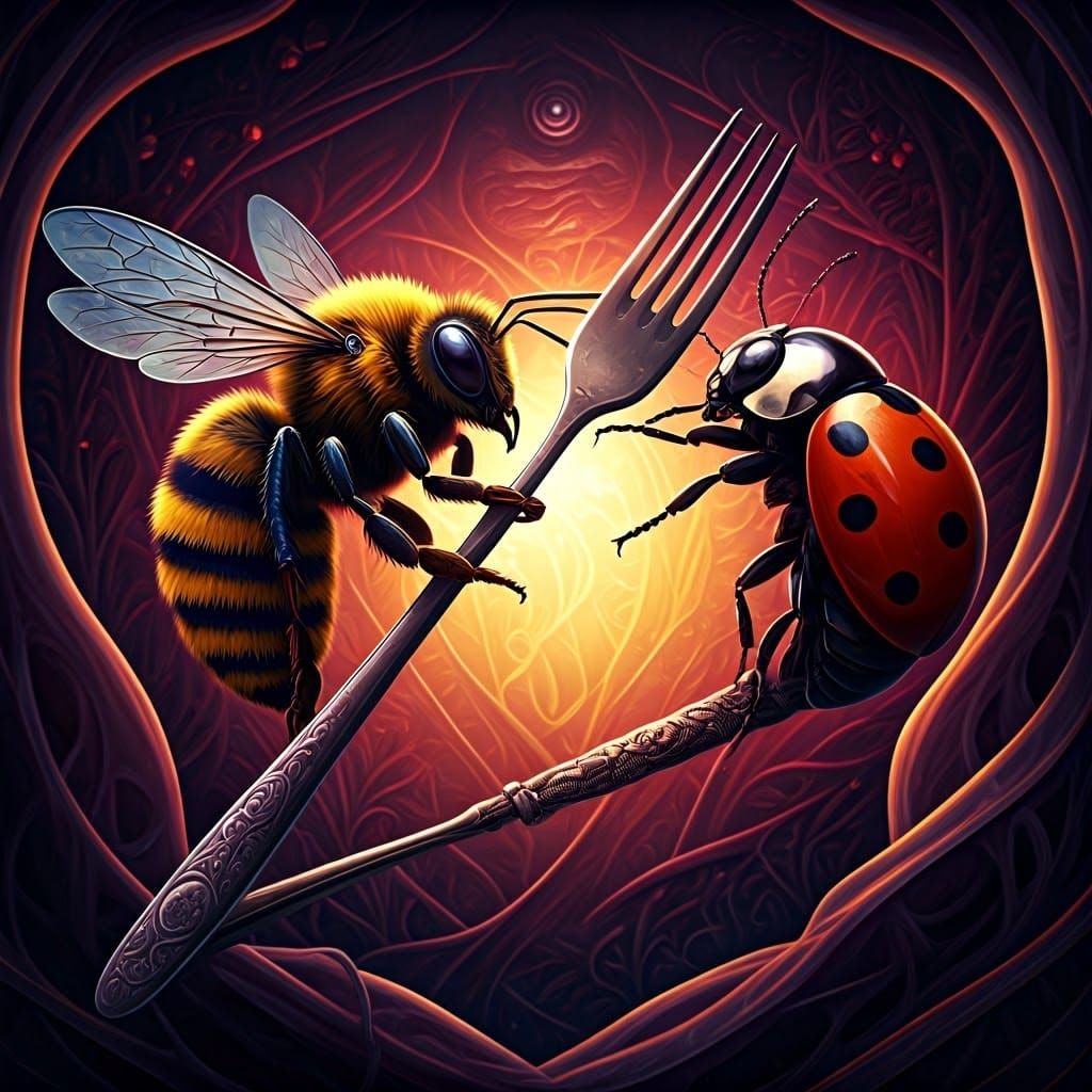 Epic Bee and Ladybug Fork Fight in Dark Fantasy Realm