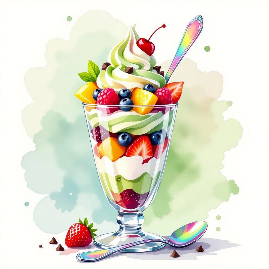 Matcha Parfait in Watercolor Splash Art Style