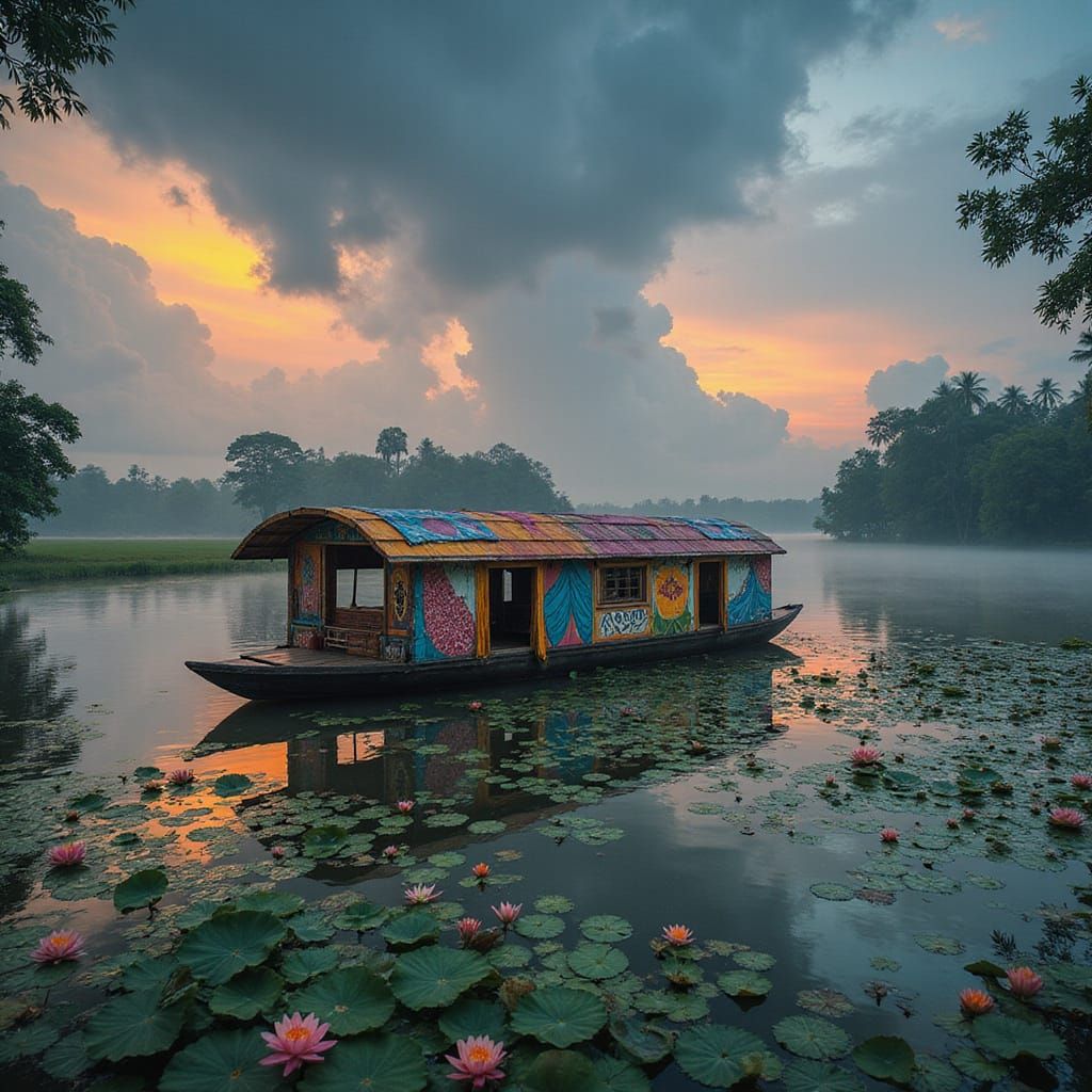 Thailand Houseboat on Tropical Lake, Atmospheric Digital Art