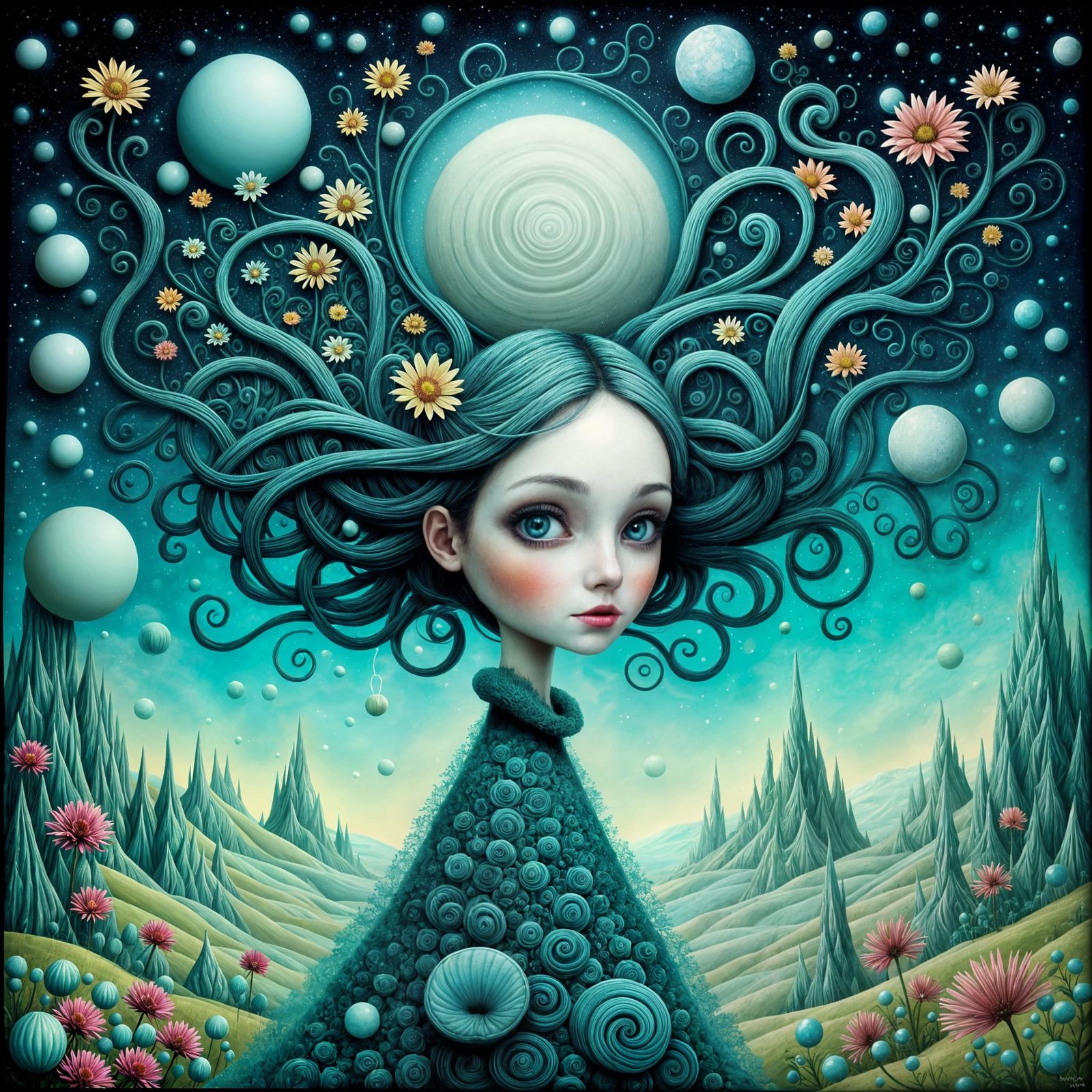 Serene Woman in Moonlit Sky with Glowing Orbs and Fog