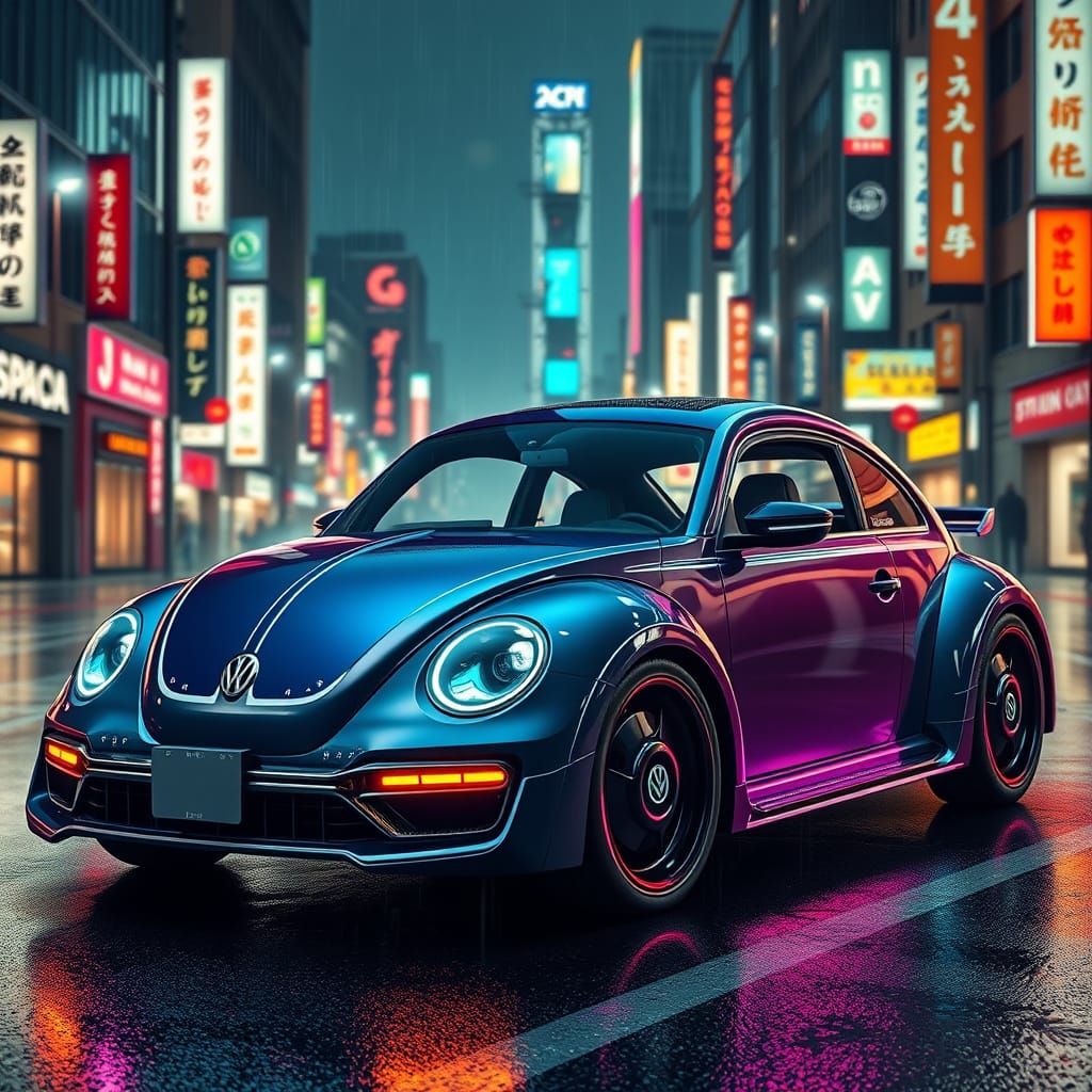 Futuristic Beetle in Cyberpunk Cityscape