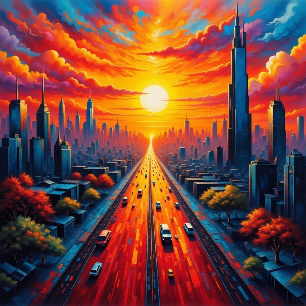 Vibrant Sunset on a Futuristic Cityscape in Impasto Style