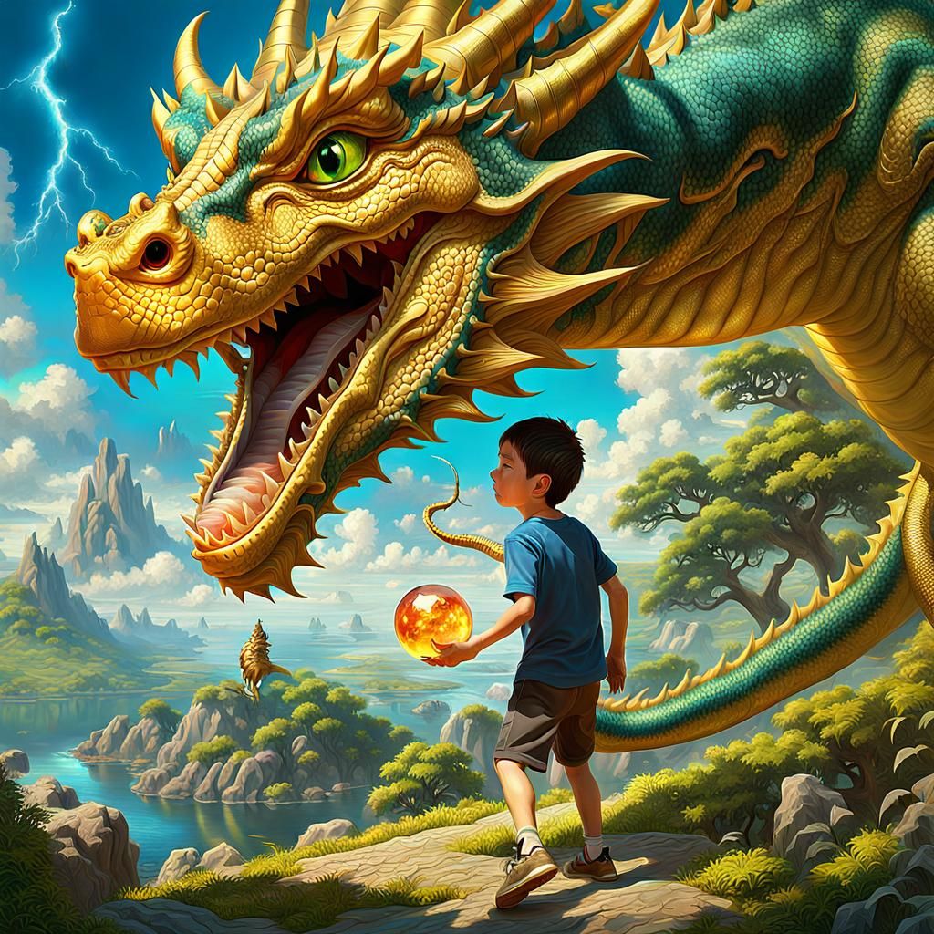 Boy Plays Fetch with Dragon: Hyperrealistic Digital Art