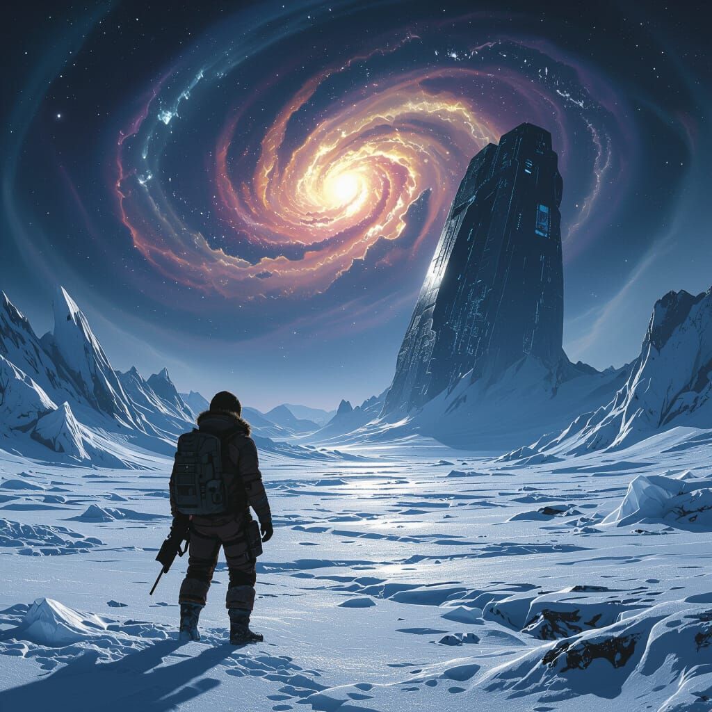 Lone Hunter on Alien Planet Under Cosmic Sky