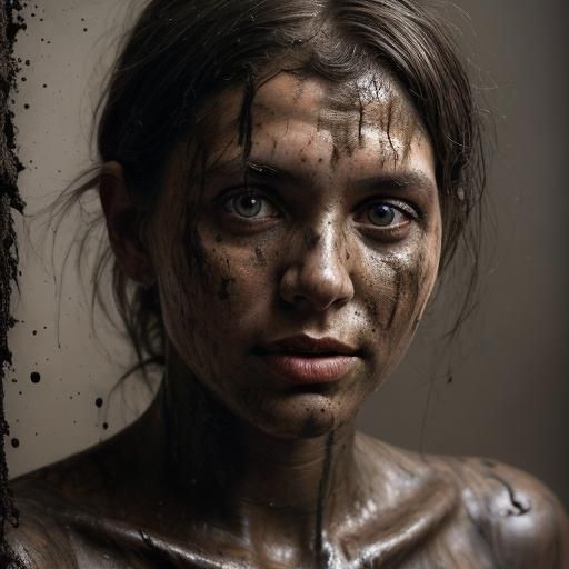 Mud-Covered Woman: Striking Close-Up Portrait