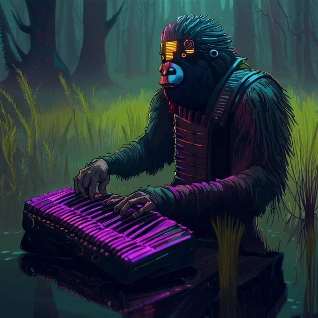 Sasquatch Accordion Player in Cyberpunk Swamp