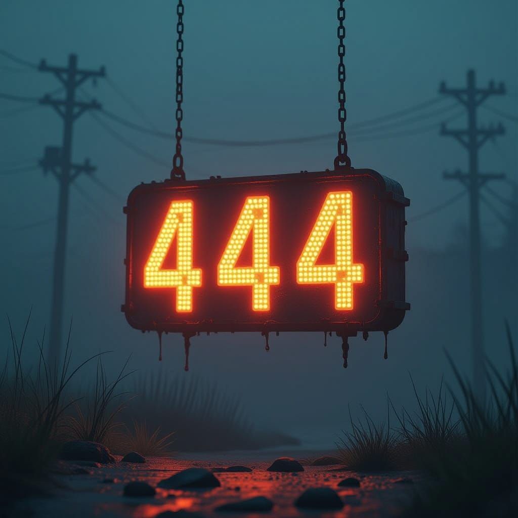 Glowing Numeral 444 in Dark Surreal Landscape
