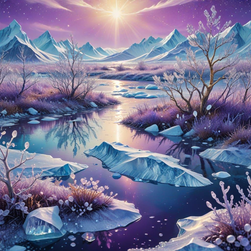 Arctic Tundra with Glittery Ice Floes in Mixed Media Style